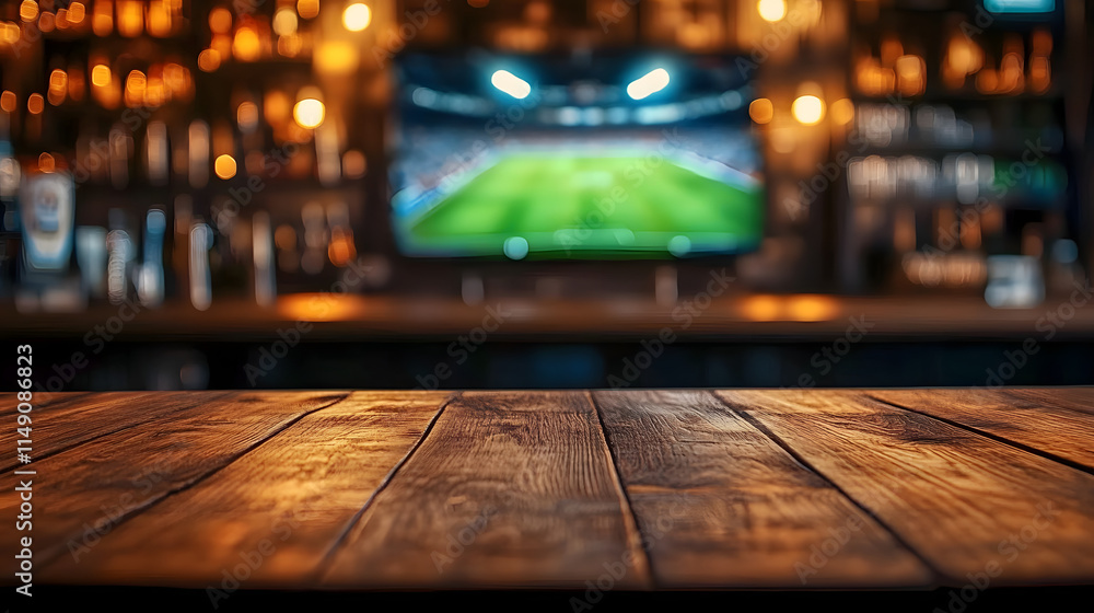 Poster an empty wooden table in the foreground, with a pub and a tv displaying a soccer stadium blurred in 