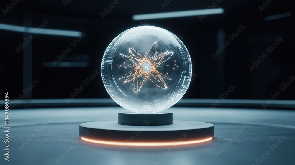 Poster futuristic physics lab displays interactive digital models. quantum entanglement, particle interacti