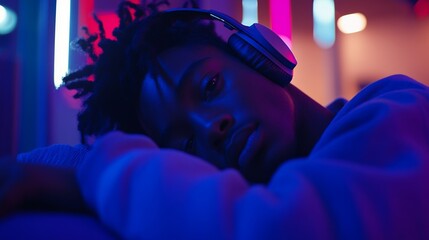 Obraz premium Person relaxing with headphones on, enjoying a moment of solitude and personal entertainment, embracing the power of music to rejuvenate and escape from daily stress.