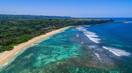 Fototapeta premium Aerial view of tropical beach, turquoise water, coral reef, and lush green coastline.