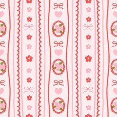Watercolor valentine coquette bow heart and floral stripes seamless pattern