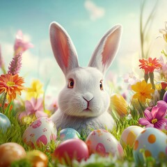 Obraz premium A fluffy white rabbit poses amidst vibrant flowers and painted eggs, capturing the essence of Easter wonder.