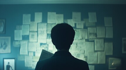 Person standing in front of a job listings board, scanning opportunities with a focused expression. The scene conveys the pursuit of career advancement and the search for meaningful employment.