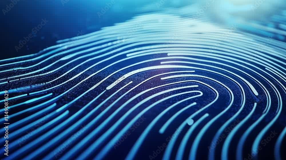 Poster glowing blue digital fingerprint composed of small particles representing biometric identification, 