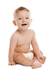 Little baby in diaper on white background