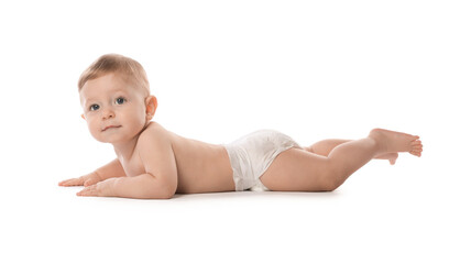 Little baby in diaper on white background