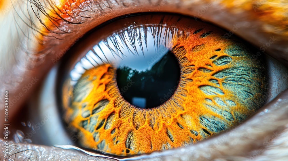 Poster a close-up of a vibrant, multicolored eye showcasing intricate patterns and reflections.