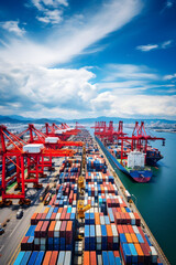 The Vibrant Hub of Global Trade: A Busy Cargo Port Packed with Stacked Shipping Containers Ready for Dispatch