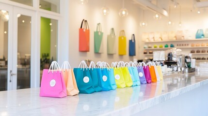 Shopping bags neatly arranged on a sleek counter, symbolizing the balance between consumerism and organization in modern retail environments.