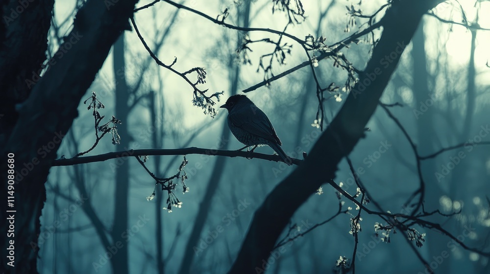 Poster silhouette of bird on branch in misty forest with soft light