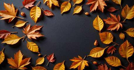 Autumn leaves in various colors arranged in a frame shape on a dark background [with spaces]