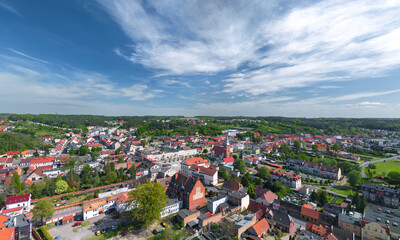 Summer skyline cityscape of Czarnków, Wielkopolska, Poland. Aerial wide panorama