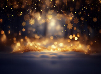 Magical winter scene with golden lights, snowflakes, and soft snow.  A dreamy, atmospheric backdrop perfect for holiday designs.