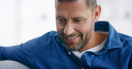 Obraz premium Mature man, smile and thinking on sofa of happy memory, remember and nostalgia with reflection. Home, thoughtful and confidence with wondering, daydreaming or planning in morning with contemplation