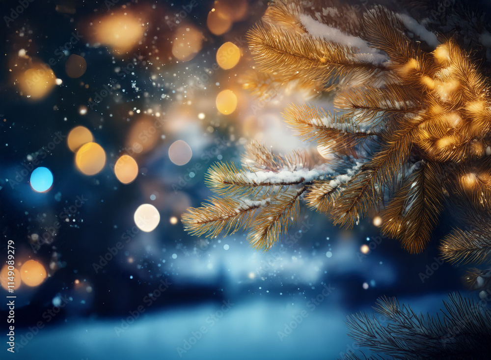 Poster snow-dusted pine branch glows with warm light against a bokeh background of blurred lights and falli