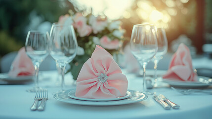 Table set for an elegant event with plates, cutlery, glasses and pink napkins