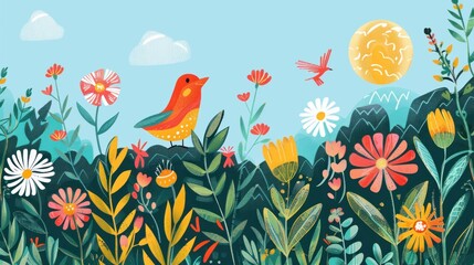 Obraz premium colorful bird in a vibrant flower field, sunny landscape with flowers and hills, cheerful atmosphere, nature illustration, bright colors, spring scene, whimsical design