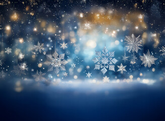 A magical winter scene. Shimmering snowflakes fall against a backdrop of twinkling lights and a snowy landscape.  Perfect for holiday greetings.