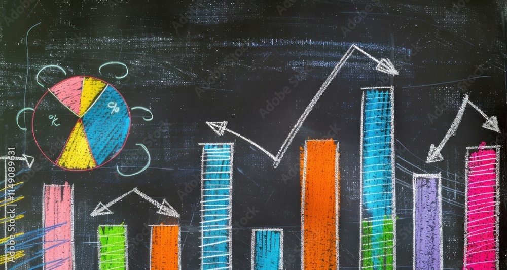 Poster chalkboard with colorful charts and graphs, illustrating data trends and analytics in a creative way