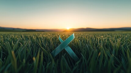 Teal ribbon in field at sunset for Cervical Cancer, Ovarian Cancer, PCOS, Sexual Assault Awareness Month.