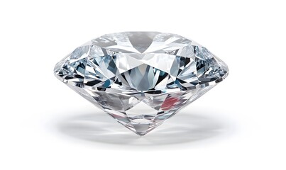 Clear, brilliant cut diamond on white, reflective surface.