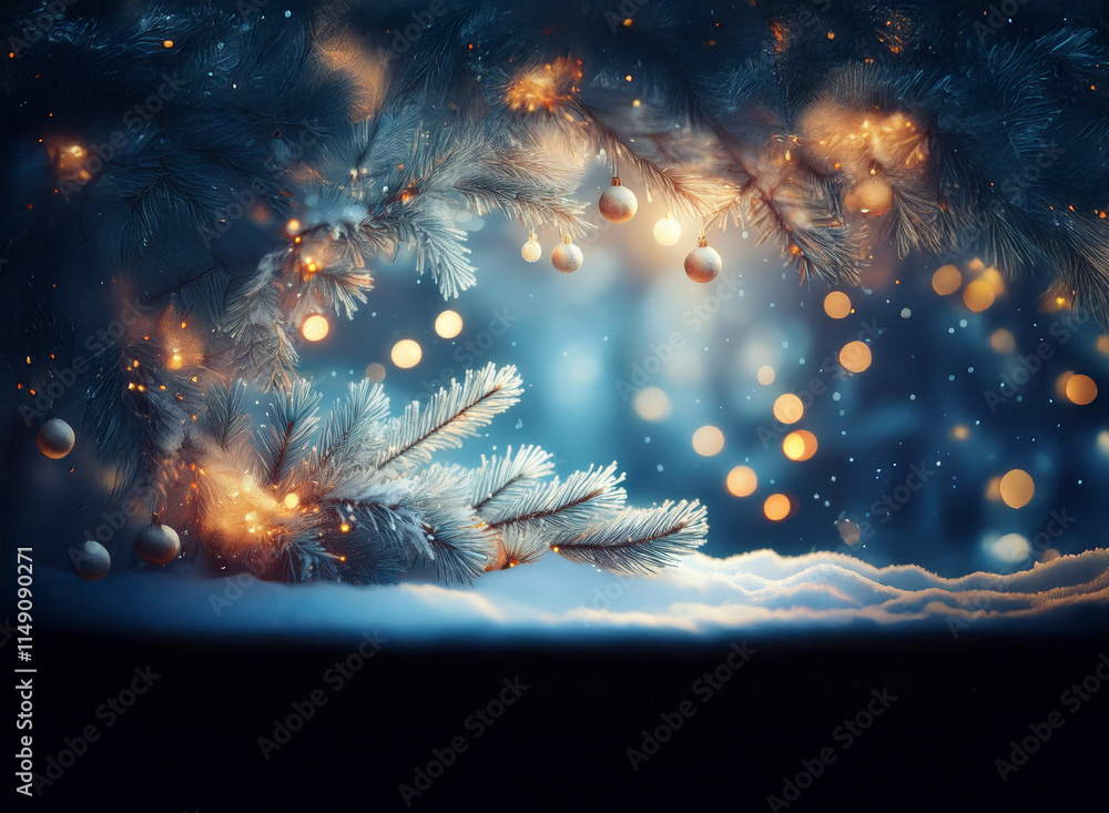 Poster enchanted winter scene: snow-covered pine branches adorned with warm lights, creating a magical, fes