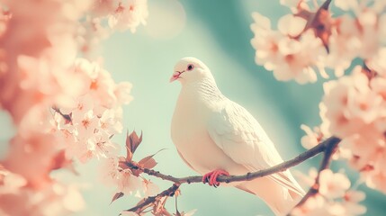 White Dove Perched on a Branch Surrounded by Pink Blossoms