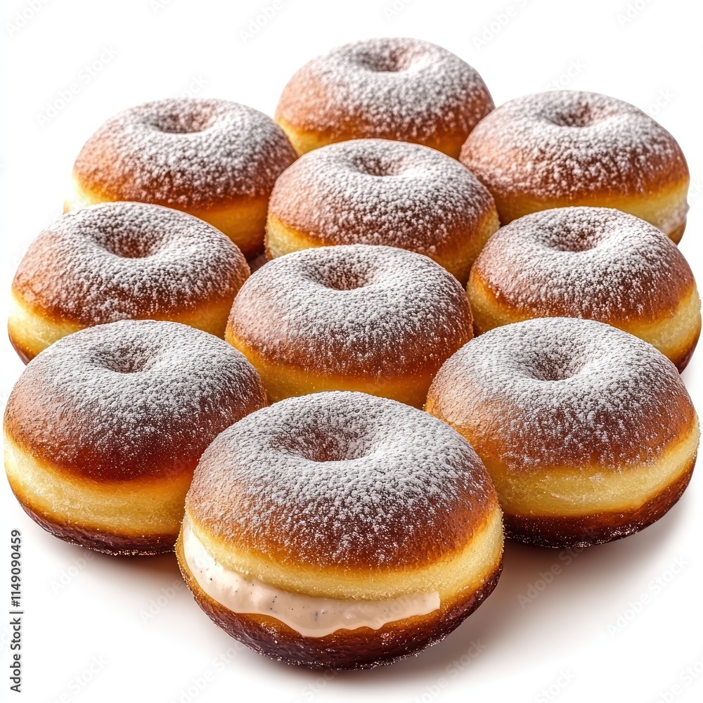 Poster a stack of powdered donuts with cream filling, arranged in a circular pattern.