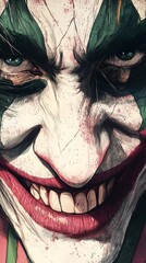 A chilling close-up of a painted clown face with intense green eyes, a sinister grin, and chaotic makeup, exuding madness, menace, and psychological tension.