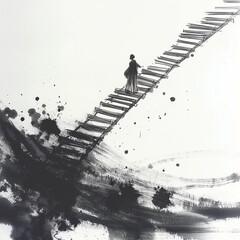 A delicate ink painting depicts a fragile ladder ascending into an abstract void, symbolizing a journey into the unknown, hope, and introspection.