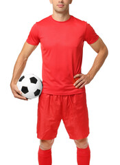 Football player with soccer ball on white background, closeup