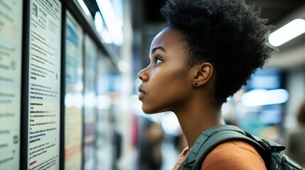 Person standing in front of a job listings board, scanning opportunities with a focused expression. The scene conveys the pursuit of career advancement and the search for meaningful employment.
