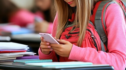 Teenage girl student using smartphone in classroom.