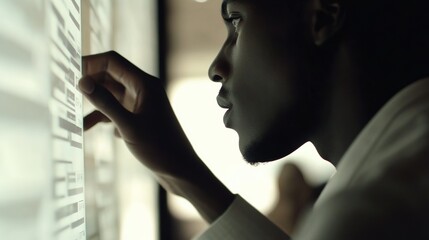 Person standing in front of a job listings board, scanning opportunities with a focused expression. The scene conveys the pursuit of career advancement and the search for meaningful employment.