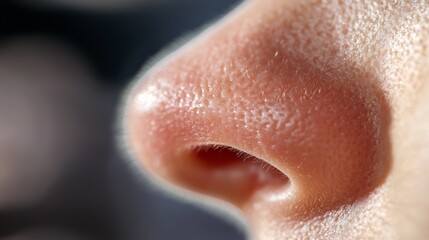 Close up of red irritated nose, emphasizing the discomfort and struggle of allergies or cold symptoms, highlighting the human vulnerability and resilience in the face of common ailments.