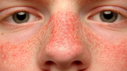 Close up of red irritated nose, emphasizing the discomfort and struggle of allergies or cold symptoms, highlighting the human vulnerability and resilience in the face of common ailments.