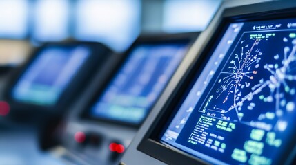 Obraz premium Air traffic control tower overseeing a bustling airport, ensuring safe and efficient aircraft movements, symbolizing coordination and precision in aviation operations.