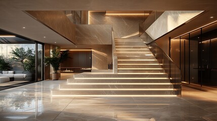 Obraz premium A grand entrance with a floating staircase featuring wide, polished marble steps and a sculptural handrail, enhancing the luxury the interior.