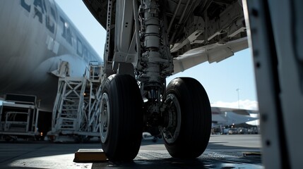 Airplane wheel compartment with mechanical components and hydraulic systems, essential for safe landing and takeoff. Precision engineering and aviation safety concepts.