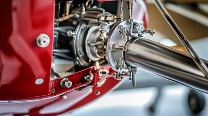 Obraz premium Airplane wheel compartment with mechanical components and hydraulic systems, essential for safe landing and takeoff. Precision engineering and aviation safety concepts.