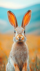 Fototapeta premium A close-up of a rabbit with large ears, set against a colorful natural background.