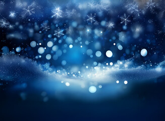Fototapeta premium A mesmerizing winter scene: falling snowflakes, shimmering bokeh, and a snowy landscape bathed in cool blue hues. The image evokes a sense of serenity and winter magic.