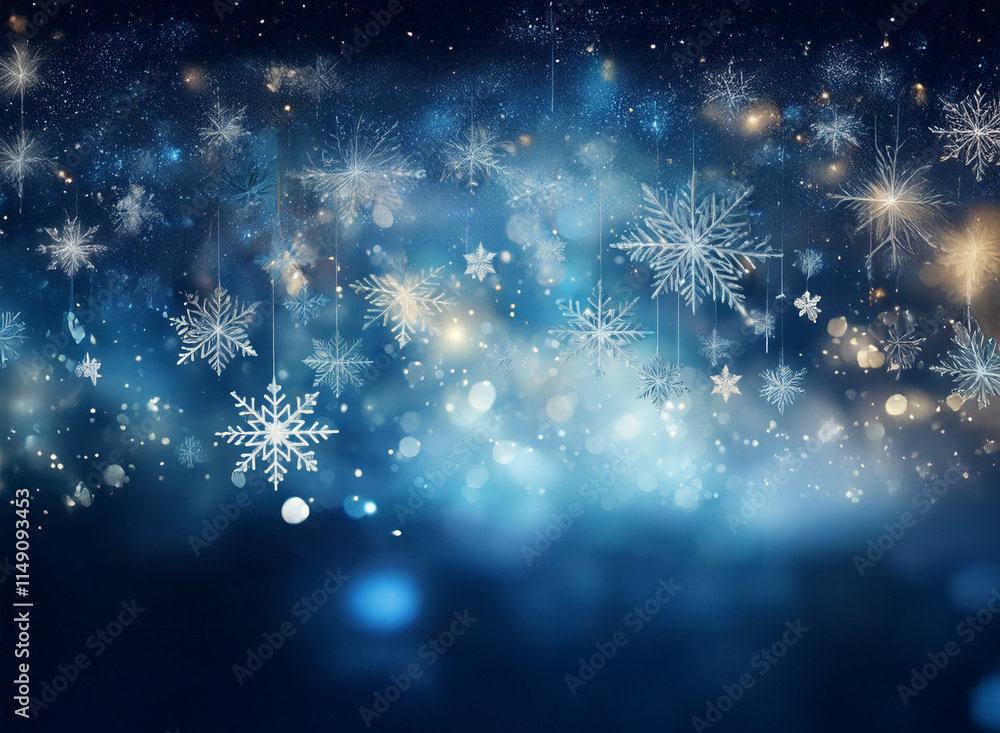 Poster a mesmerizing display of falling snowflakes and sparkling lights against a deep blue backdrop. the s