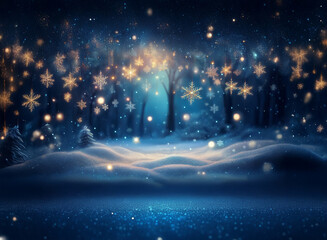 Magical winter scene: snow-covered forest bathed in soft blue light, adorned with glowing snowflakes and sparkling snow.  A serene, enchanting winter wonderland.
