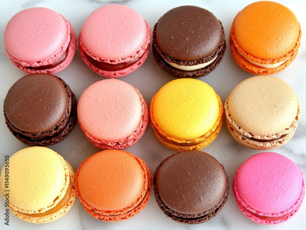 Poster a colorful assortment of macarons arranged in a grid on a marble surface.