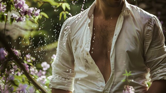 A photo of an elegant Regency era man wearing a wet white shirt in the garden