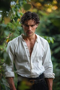 A photo of an elegant Regency era man wearing a wet white shirt in the garden