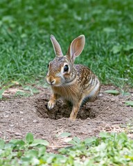 Fototapeta premium A rabbit emerging from a burrow in a grassy area.