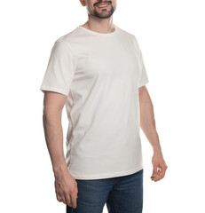 Man in blank t-shirt on white background, closeup. Mockup for design