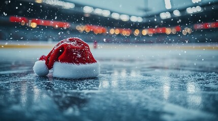 Snowy Santa Hat Rests On Frozen Ice Rink
